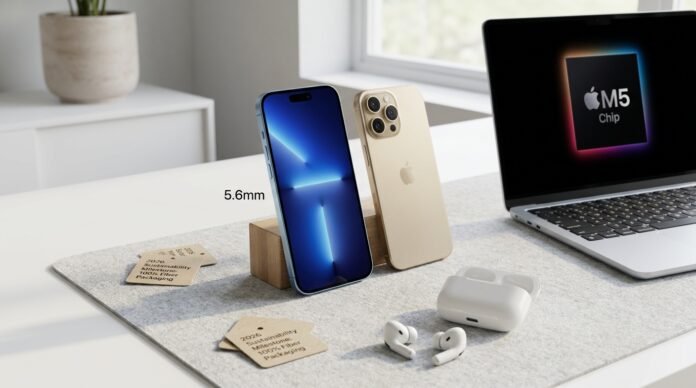 The 2026 Apple product lineup featuring the 5.6mm thin Sky Blue titanium iPhone Air , the iPhone 17 , and the M5 MacBook Air on a minimalist desk