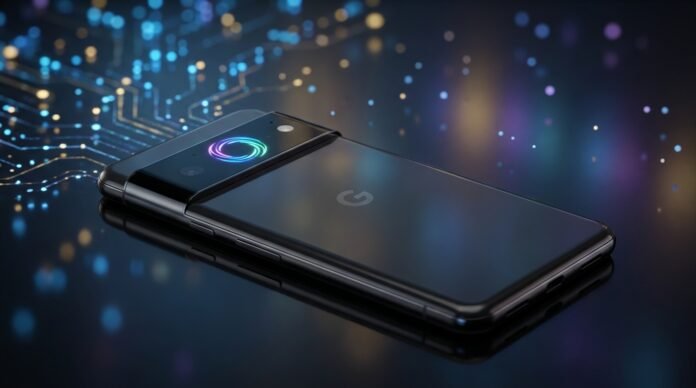 The back of a Google Pixel 11 Pro smartphone featuring a glowing multi-colored LED 'Highlight' ring and a sleek glass camera bar.
