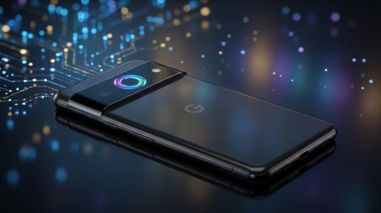 The back of a Google Pixel 11 Pro smartphone featuring a glowing multi-colored LED 'Highlight' ring and a sleek glass camera bar.
