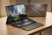 ASUS Zephyrus Duo 16 Review "ASUS Zephyrus Duo 16 (2026) gaming laptop in Dual Screen Mode featuring two 16-inch OLED touchscreens and a detachable keyboard on a modern desk."