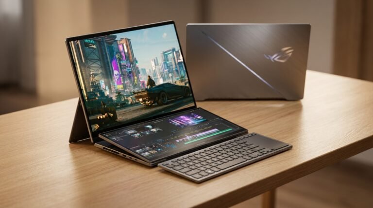 "ASUS Zephyrus Duo 16 (2026) gaming laptop in Dual Screen Mode featuring two 16-inch OLED touchscreens and a detachable keyboard on a modern desk."