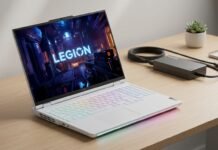 Lenovo Legion Pro 7i 2026 Review The 2026 Lenovo Legion Pro 7i gaming laptop in Glacier White featuring a 16-inch OLED display, glowing RGB keyboard, and integrated front light bar