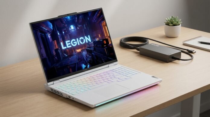 The 2026 Lenovo Legion Pro 7i gaming laptop in Glacier White featuring a 16-inch OLED display, glowing RGB keyboard, and integrated front light bar
